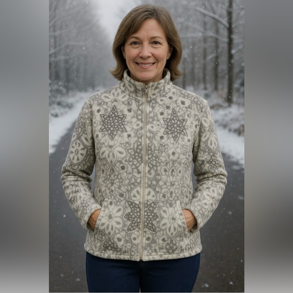 Alfred Dunner Cream and Gray Teddy Jacket